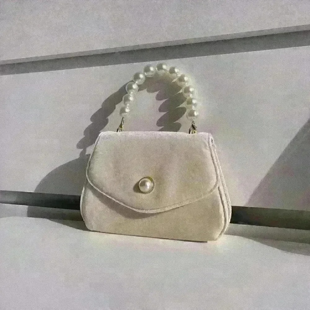 Cream Velvet Mini Handbag Faux Pearl Top‎ Handle Crossbody Bag Vintage Style